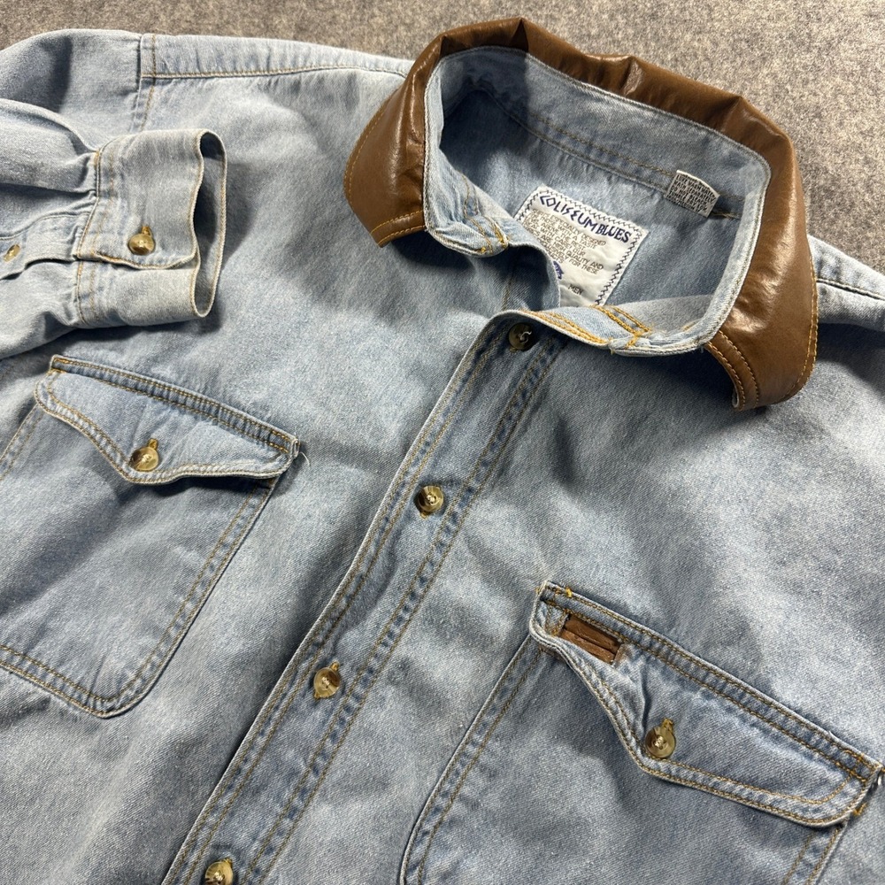 Coliseum Blues Denim Shirt Mens Small Light Wash Pleather‎ Trim Collar Cotton